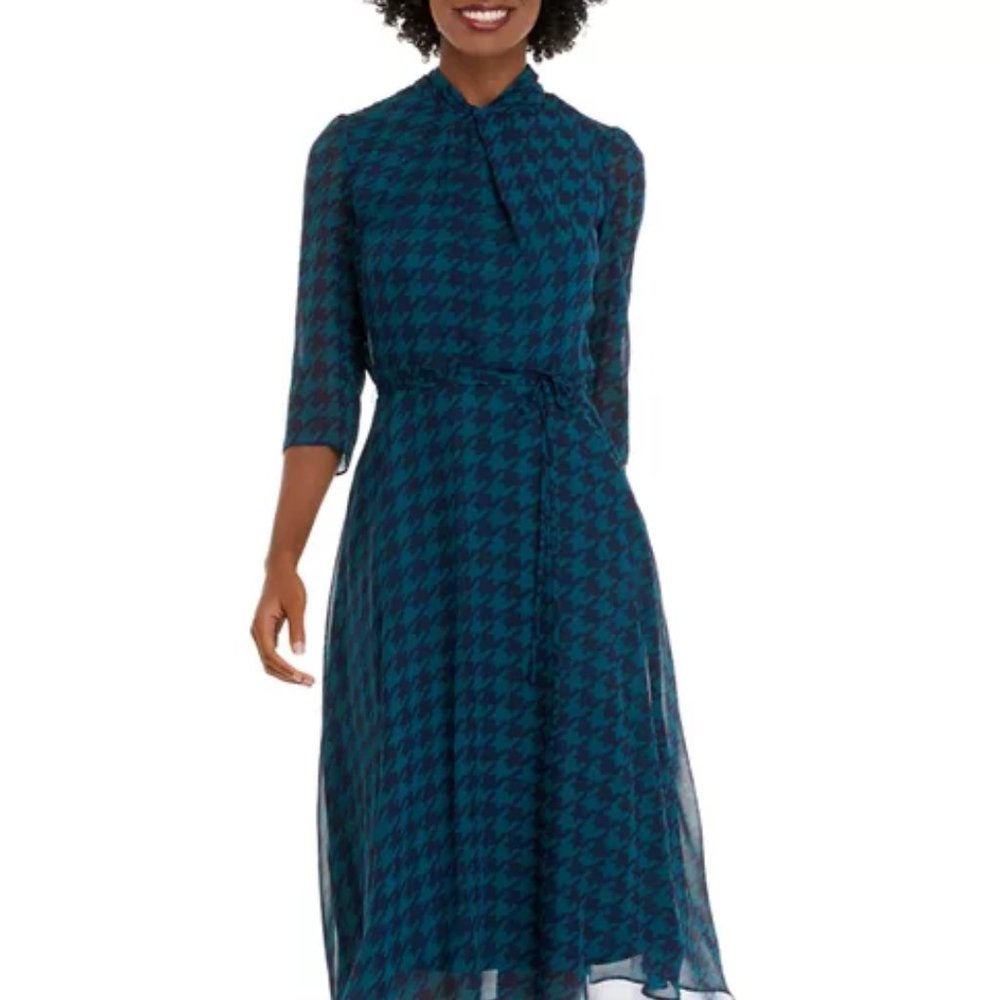 Women's 3/4 Sleeve Mock Neck Chiffon Houndstooth Midi Dress 14
